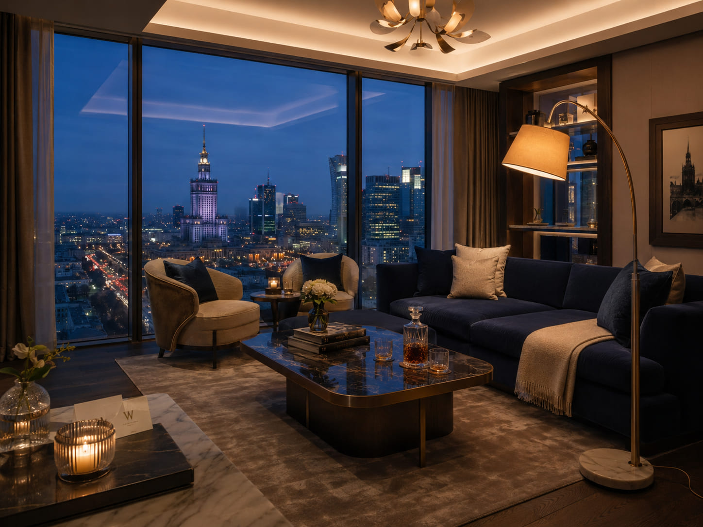Apartament Premium z osobną strefą wypoczynkową i ciepłym, bursztynowym światłem lamp
